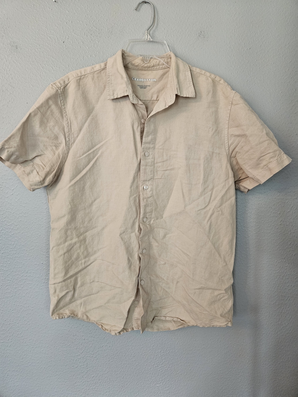 Bearbotton beige short-sleeve button-up shirt. Linen/cotton